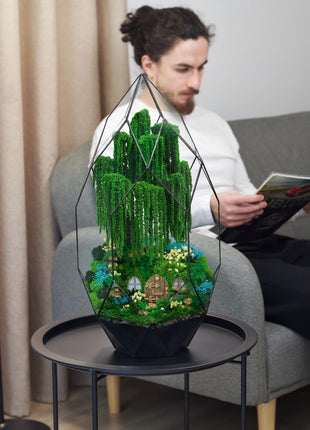 Handmade decor, Crystal pyramid terrarium with preserved moss willow