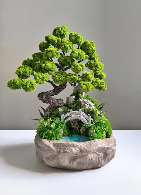Unique Preserved Moss Bonsai Tree with Miniature Bridge & Pond – Zen Fairy Garden Decor
