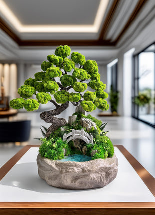 Zen Fairy Garden Decor - Unique Preserved Moss Bonsai with Miniature Bridge & Pond