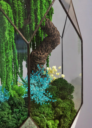 Unique handmade terrarium with preserved moss willow, Desk Planter