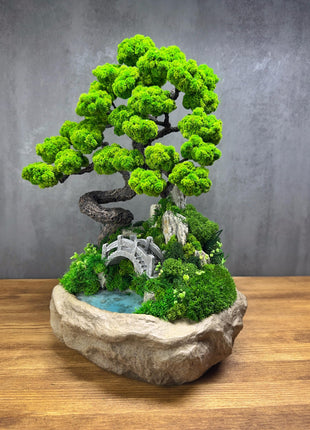 Lucky Tree -Unique Preserved Moss Bonsai with Miniature Bridge & Pond