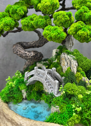 Handmade Preserved Moss Bonsai Tree with Miniature Bridge & Pond