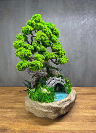 Bonsai Tree with Miniature Bridge & Pond – Zen Fairy Garden Decor