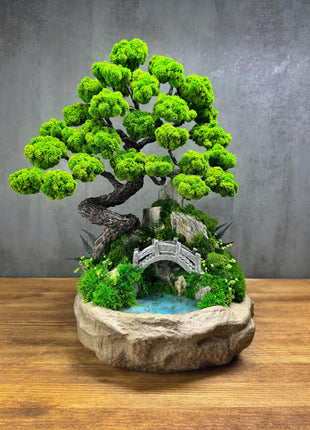 Unique Preserved Moss Bonsai Tree with Miniature Bridge & Pond