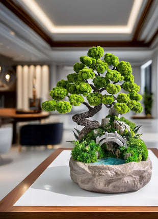 Bonsai Tree with Miniature Bridge & Pond