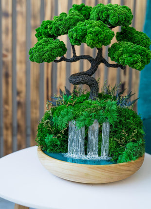 Unique Waterfall Preserved Moss Japanese Bonsai Tree, Low-Maintenance Zen Decor for Home or Office, Indoor Plants, Handmade Lucky Tree