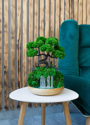 Unique Waterfall Preserved Moss Japanese Bonsai Tree, Low-Maintenance Zen Decor for Home or Office, Indoor Plants, Handmade Lucky Tree
