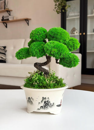 Unique Handmade Plant Decor - Preserved Moss Bonsai Tree in Hand-Painted Pot, Zen Home Garden, No-Maintenance Artificial Bonsai Plant Gift