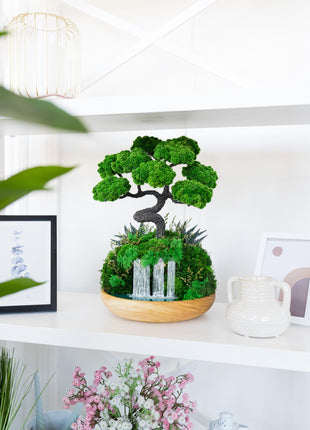 Unique Waterfall Preserved Moss Japanese Bonsai Tree, Low-Maintenance Zen Decor for Home or Office, Indoor Plants, Handmade Lucky Tree