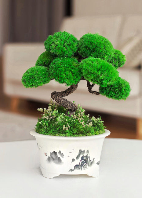 Unique Handmade Plant Decor - Preserved Moss Bonsai Tree in Hand-Painted Pot, Zen Home Garden, No-Maintenance Artificial Bonsai Plant Gift