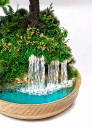 Unique Waterfall Preserved Moss Japanese Bonsai Tree, Low-Maintenance Zen Decor for Home or Office, Indoor Plants, Handmade Lucky Tree
