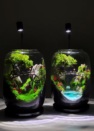 Handmade terrarium with bridge scene bonsai and moss landscape in glass jar