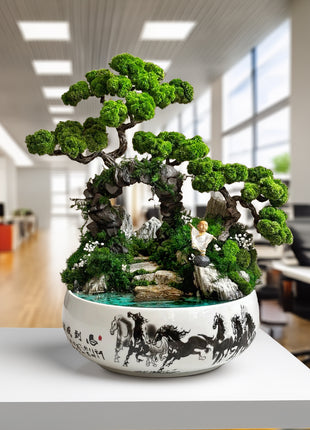 Magic Gardens bonsai Zen Harmony composition with preserved moss, glowing pond and white ceramic pot with horse pattern