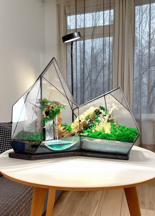 Mountain Waterfall Terrarium with Moss and Lamp – Large Glass Display - MagicGardens