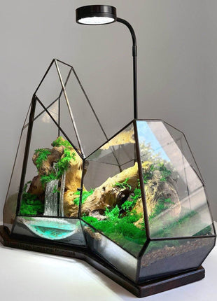 Mountain Waterfall Terrarium with Moss and Lamp – Large Glass Display - MagicGardens