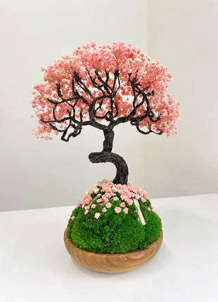preserved bonsai with stabilized pink flowers and moss handmade decor
