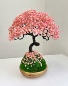handmade preserved bonsai sakura with pink flowers and moss in bamboo bowl
