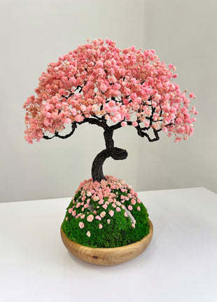 handmade preserved bonsai sakura with pink flowers and moss in bamboo bowl