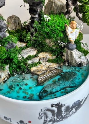 Decorative bonsai with preserved moss and glowing pond — peaceful handmade decor