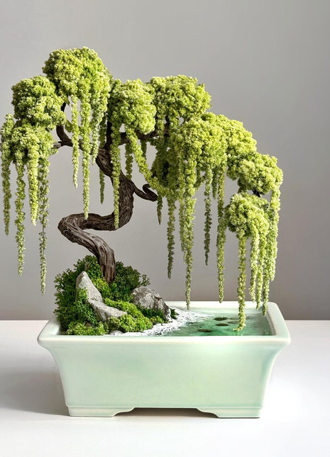 Handmade preserved willow bonsai tree 30×25 cm with cascading moss branches, stones and realistic water imitation base