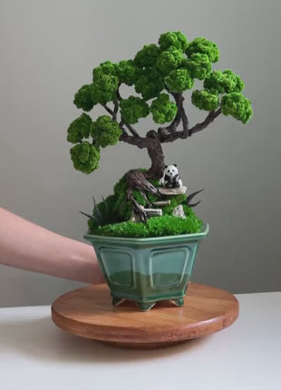 Preserved Moss Bonsai Tree with Panda Figurine - Handmade Decorative Greenery in Ceramic Planter for Modern Home or Office Decor, Lucky Tree