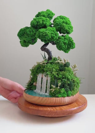 Unique Waterfall Preserved Moss Japanese Bonsai Tree, Low-Maintenance Zen Decor for Home or Office, Indoor Plants, Handmade Lucky Tree