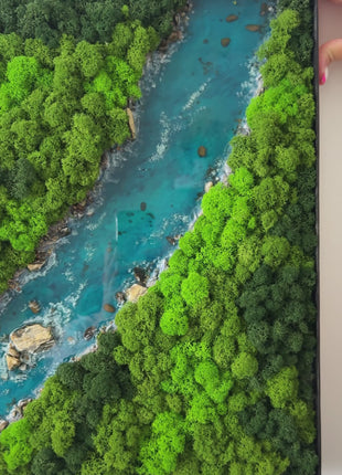 Handmade preserved moss wall art with forest river landscape and epoxy resin water effect