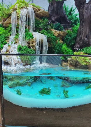 Video of dome terrarium Oak Grove 45 cm with bonsai tree, waterfall and preserved moss, rotating view