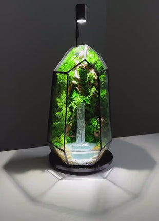 Illuminated Waterfall Geometric Terrarium with Preserved Moss and LED Lamp - Unique Nature-Inspired Decor for Home or Office, Zen garden