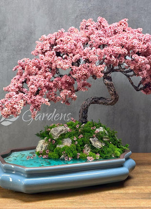 Bonsai tree with pink blossoms in a pot on a wooden surface with a gray background.