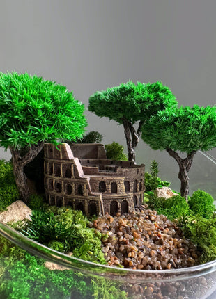 Terrarium in a glass bowl with preserved bonsai trees and Colosseum Mini Landscape - MagicGardens