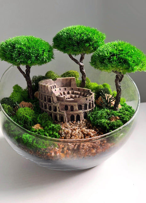 Terrarium in a glass bowl with preserved bonsai trees and Colosseum Mini Landscape - MagicGardens
