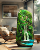 Handmade terrarium with preserved moss, cascading waterfall and panda figures — glowing pond effect
