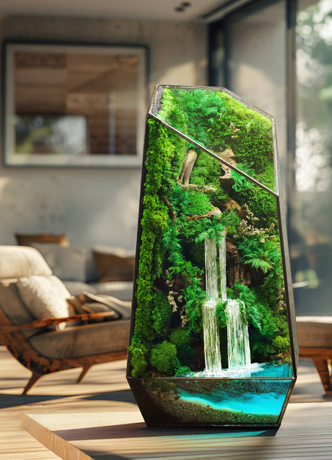 Handmade terrarium with preserved moss, cascading waterfall and panda figures — glowing pond effect