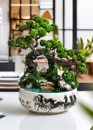 Handmade preserved moss bonsai Zen Harmony — glowing pond and meditating monk, perfect for home or office